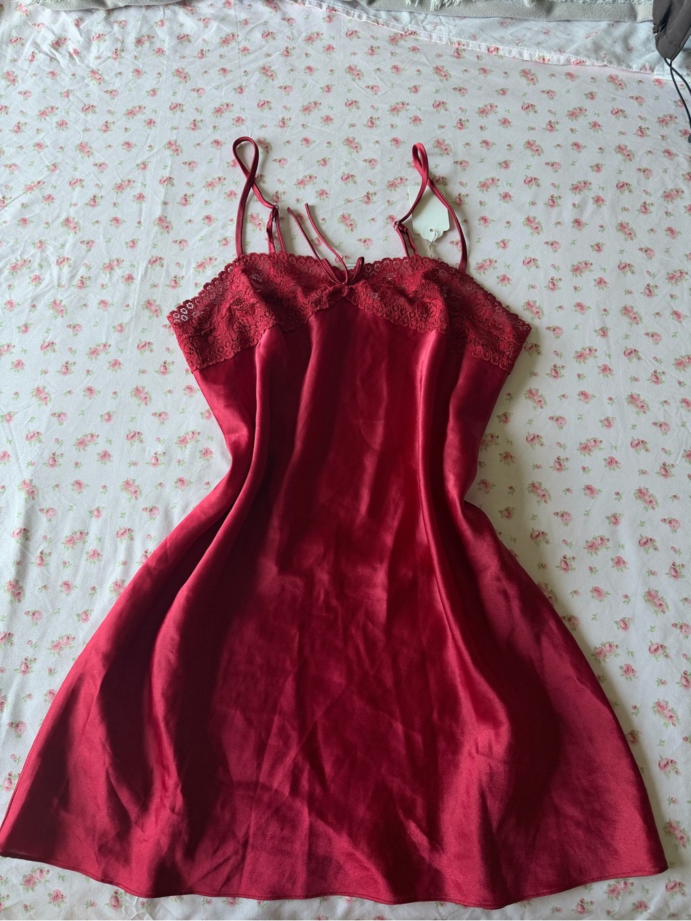 & Other Stories Red Satin Lace-Trim Slip Dress